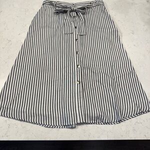 LOFT Navy and White Striped A-Line Midi Skirt with Waist Tie